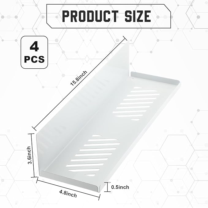Therwen 4 Pack Magnetic Pegboard Shelves Wall Organizer Metal Pegboard Shelf Steel Tray Accessories Organizing Tools for Craft Home Kitchen (16 x 4.7 x 3.5 Inches,White)