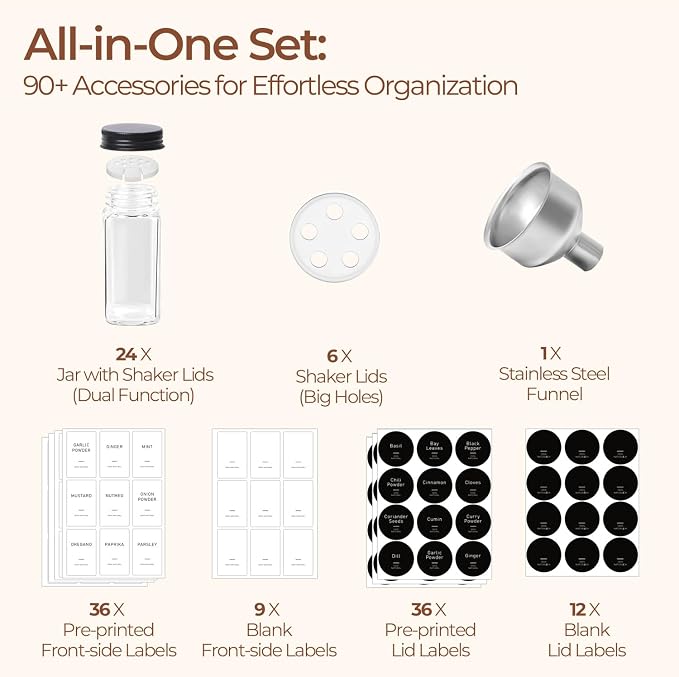 ComSaf Aesthetic Minimalist Glass Spice Jars with Labels, 24Pcs 4oz Empty Spice Containers with 93 Labels, Metal Funnel, Extra Shaker Lids, Square Spice Bottles for Kitchen Organization