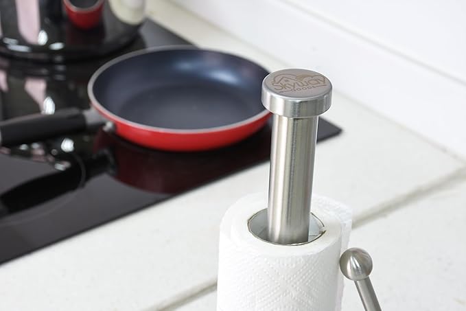 Paper Towel Holder with Marble Base – Weighted Countertop Stand, One-Hand Tear, Stainless Steel Rod, Natural Stone Base, Available in Gray & White Marble