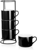 10oz Porcelain Stackable Coffee Mugs and Metal Stand Set of 4, Espresso Cups Set for Hot Drinks, Cappuccino, Tea-Black
