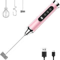 YUSWKO Milk Frother Wand for Coffee, Coffee Frother Handheld Drink Mixer | Rechargeable Mixer Wand, Waterproof Electric Whisk for Protein Powder, Lattes, Cappuccino, 3 Variable Speeds 3 Whisks, Pink
