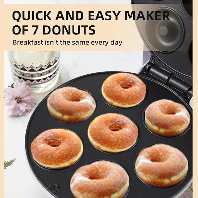 DSP Mini Donut Maker - Non-Stick, 7 Donuts, Cool-Touch | Quick 3-Min Baking, Indicator Lights, Easy Wipe-Clean, Breakfast/Snacks/Desserts