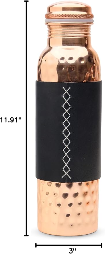 Kitchen Science -Authentic 34oz/1000ml Copper Water Bottle with Tumbler and Leather Sleeves – Leak-Proof, Lab-Tested