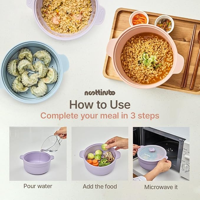 Microwave Egg Cooker & Ramen Cooker | 1.2L Silicone Microwave Steamer Pot with Lid & Steamer Mat | BPA-Free, Dishwasher Safe | noottinubo (Strawberry Milk)