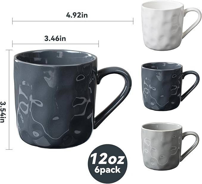 Porcelain Coffee Mugs, Set of 6, 12oz, Dark Blue, White, Grey | Hand-Pinch Textured Ceramic, Microwave & Dishwasher Safe, Non-Toxic, Stylish Gift