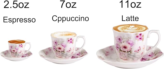 GuangYang 7 oz Porcelain Tea Cups and Saucers set of 6,Purple Fancy Floral Pattern (Perfect for Cappuccino, Flat white Coffee, Americano, Hot Tea, or Desserts)