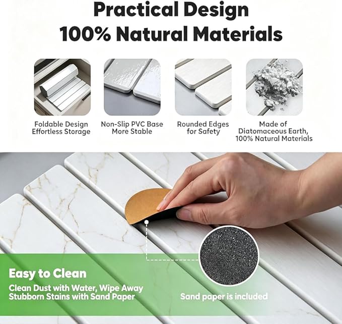 Stone Drying Mat for Kitchen Counter, Quick Diatomaceous Earth Mats for Dishes, 23.6"L x 15.7" W Super Absorbent Fast-Drying Collapsible Countertop Stone Mat (Marble Gold White, 24" x 16")
