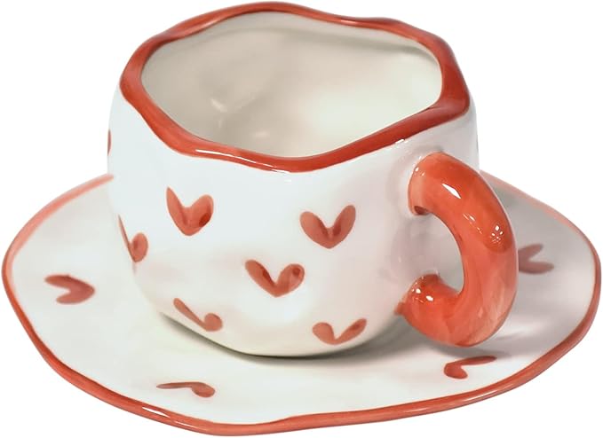 Koythin Ceramic Coffee Mug with Saucer Set, Cute Creative Cup Unique Irregular Design for Office and Home, Dishwasher and Microwave Safe, 10 oz/300 ml for Latte Tea Milk (Red Heart)