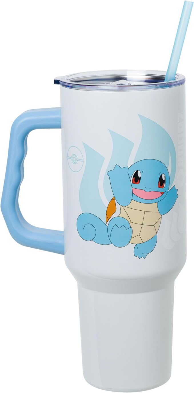 Silver Buffalo Pokémon Featuring Squirtle Double Walled Stainless Steel Tumbler with Handle and Straw, Fits in Standard Cup Holder, 40 Ounces