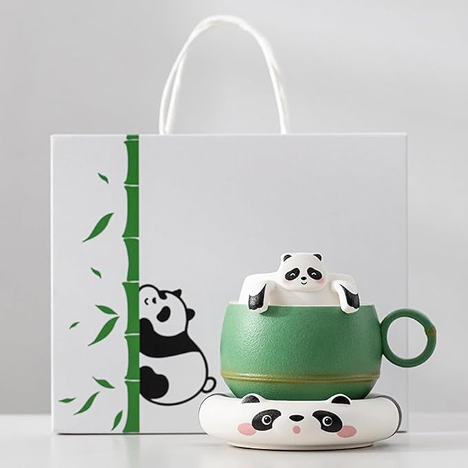 Ceramic Panda Tea Cup with Infuser and Saucer, Cute 8 oz Coffee Mug | Handmade Ceramic, Tea Cup with Filter, Birthday Gift for Women, Kids, Friends & Panda Lovers