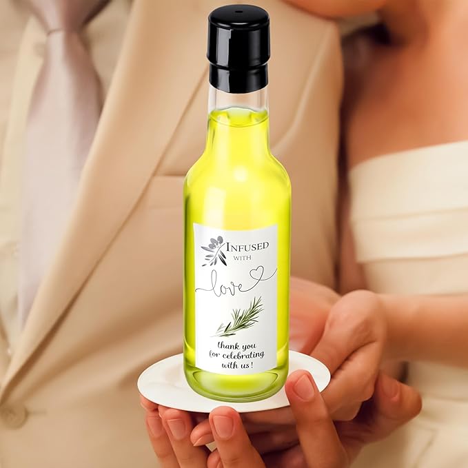Reallnaive 30 Sets 5 oz Mini Olive Oil Glass Bottles for Homemade with Lids Heat Shrink Cap Stickers and Funnels Clear Mini Olive Oil Woozy Bottle Hot Sauce Glass for Wedding Favors Guest Babyshower