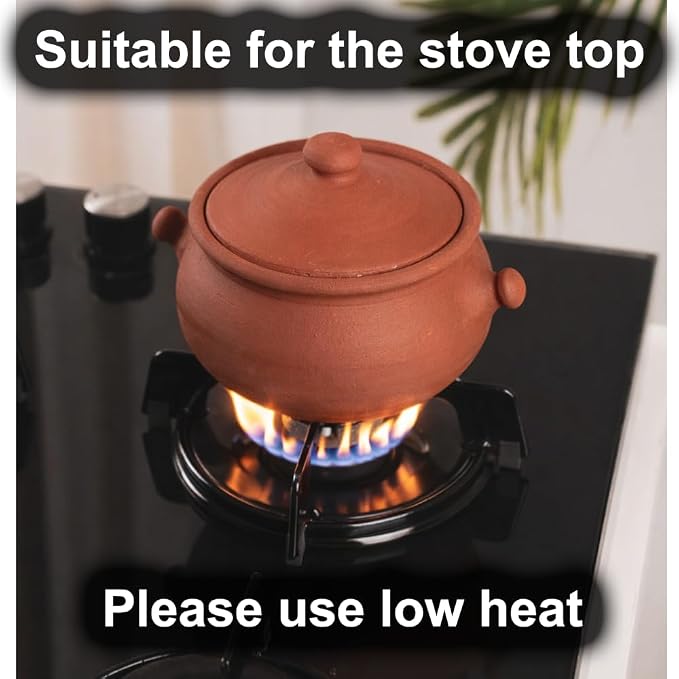 Small Earthenware Clay Mud Eathern Terracotta Cooking Pot Pottery Cazuela Cookware with Lid Natural Stovetop Stove Top Stone Stew Rice Unglazed Mexican Indian Kitchen Oven Terra Cotta Handcrafted Traditional Healthy (0.6 Quarts - Size1)