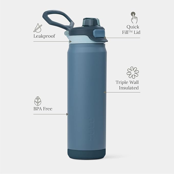 ZULU Powerfill Pro 24oz Stainless Steel Water Bottle with Quick Fill Lid, Triple Walled Vacuum Insulated Metal, Leak Proof Locking Lid, Sip and Chug, Reusable BPA Free, High Tide