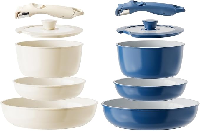 Redchef Ceramic Pots and Pans, Nonstick Kitchen Cookware, Non Toxic Pots and Pans Non Stick, PFAS PFOA & PTFE Free, Detachable Handle 10 Piece Set (Beige+Blue), RV Cookware