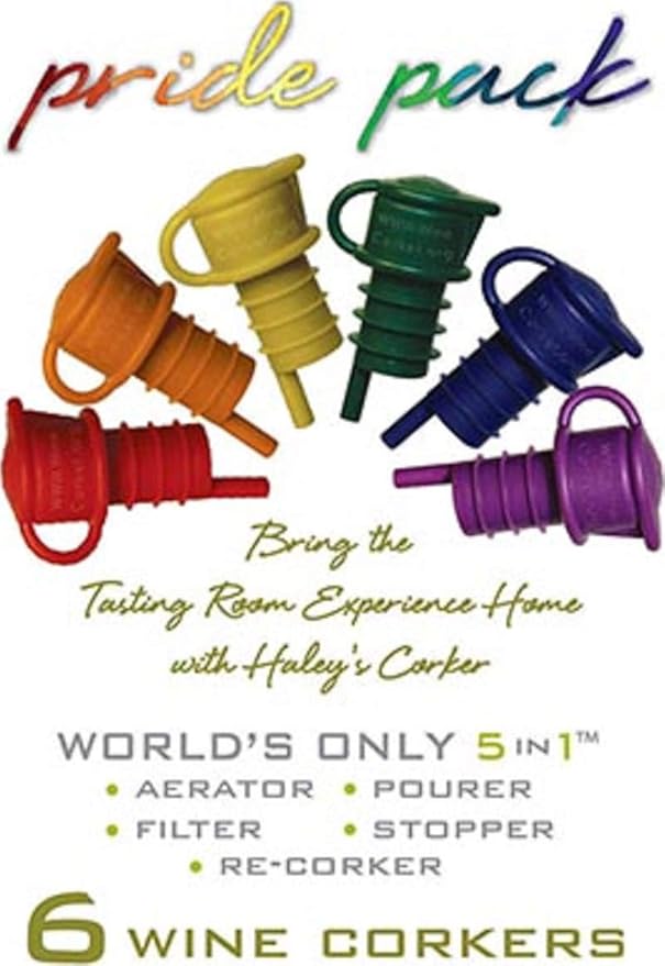 Haley's Corker Pride Pack 5-in-1 Wine Aerator, Stopper, Pourer, Filter and Re-Corker (6-Pack)