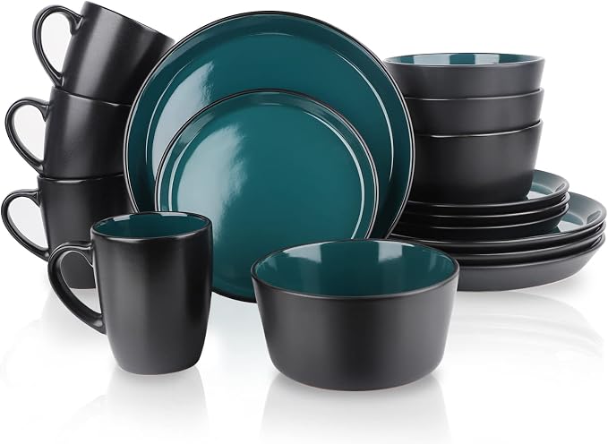 Plates and Bowls Sets, 16 Pieces Dinnerware Sets, Dishes Set for 4, Christmas, Kitchen Set is Home Essentials, Dark Green & Black