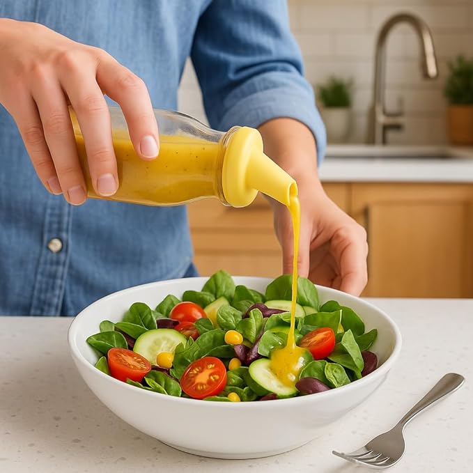 kitchentoolz Salad Dressing Shaker Bottle – 12oz Carafe Glass Bottle with Silicone Pour Spout and Tamper-Proof Lid for Sauces and Marinades - Salad Dressing Dispenser Container