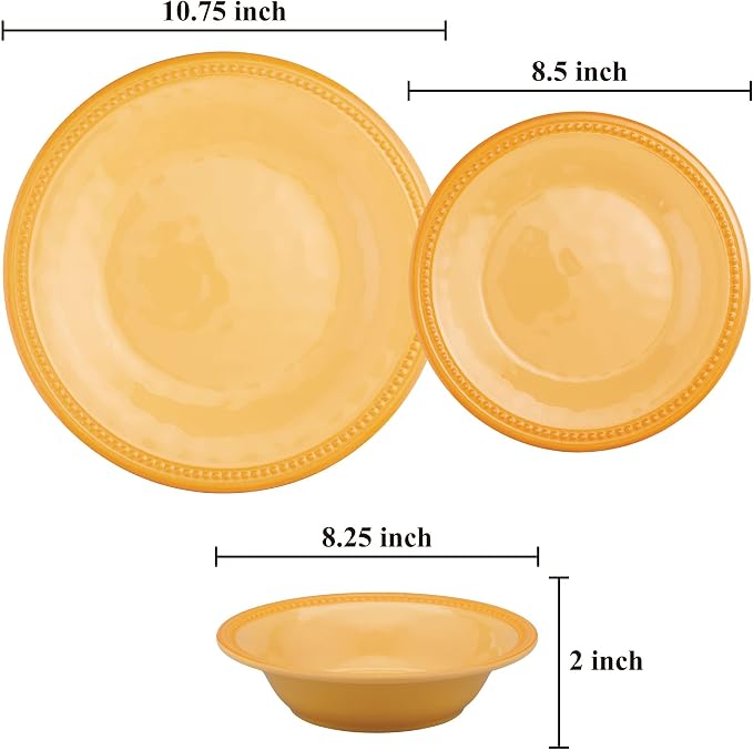 UPware 12 Piece Beaded Melamine Dinnerware Sets, Outdoor Dishes Set, Plates and Bowls Sets, Service for 4, Yellow
