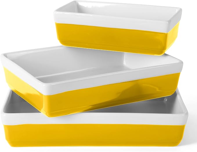 MARTHA STEWART 3-Piece Oven to Table Stoneware Bakeware Set – Baking Dish & Casserole Set – Yellow – Durable Oven-Safe Bakeware for Baking and Serving