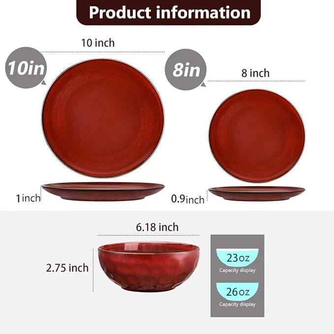 Vicrays 12-Piece Ceramic Dinnerware Set, Dinner Plates, Salad Plates & Cereal Bowls, Dish Set for 4, Microwave, Oven & Dishwasher Safe, Scratch Resistant, Cherry Red
