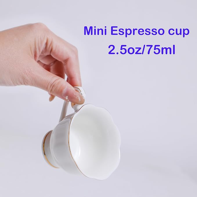 White Porcelain 75ml Demitasse Set of 8 (16-Piece) - 2.5oz Espresso Cups & Saucers, Elegant White & Gold Trim Coffee Set for Turkish Coffee, After Dinner, Gift Giving