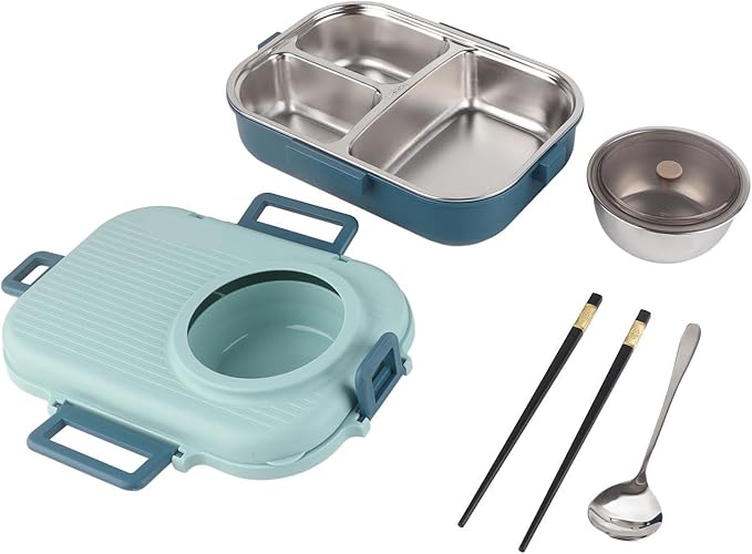 Thermal Lu Box For Hot Food Thermal Tazon,Lu Box Lu Box Thermal Lu Box 1100Ml Double Layer 3 Grid Design 304 Stainl Steel Box With Chopsticks Spoon Soup Bowl G (Blue)