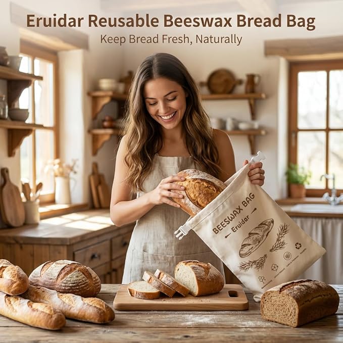 Beeswax Bread Bags for Sourdough & Homemade Bread (2 Pack), XL 13"x17" Large Reusable Cotton & Linen Bread Bag, Keep Loaves Fresh Longer, Natural & Easy to Clean(Rustic Bread Print)