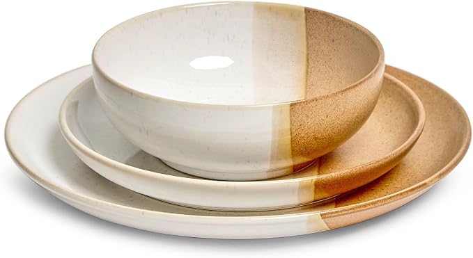 Sango 12 Pieces Stoneware Dinnerware Set, Glossy Caramel & Cream Dishes for 4, Premium Plates and Bowls Sets, Chip & Scratch Resistant, Ceramic Kitchen Dish Set, Microwave & Dishwasher Safe, Phoebe