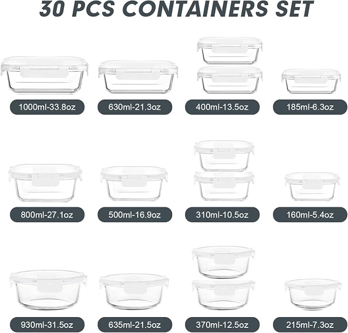 VERONES 30 Pieces Glass Meal Prep Containers Set, Stackable Food Storage Containers with Lids-Airtight Glass Lunch Containers，for Microwave, Oven, Freezer & Dishwasher,White