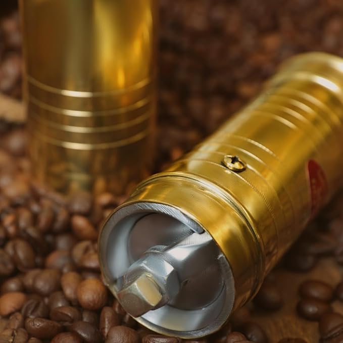Sozen 9" Manual Coffee Grinder Brass – Hand Crank Burr Mill for Turkish Coffee, French Press, Espresso, Camping & Home Use – Portable Coffee Bean Grinder, Adjustable Conical Grinder