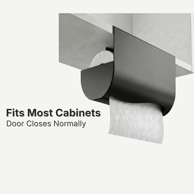 Under Cabinet Paper Towel Holder - No Drill Shelf Mount, Easy Tearing Design, Space-Saving, Magnet-Ready Steel Surface, Fits Standard US Rolls up to 11" (Black)