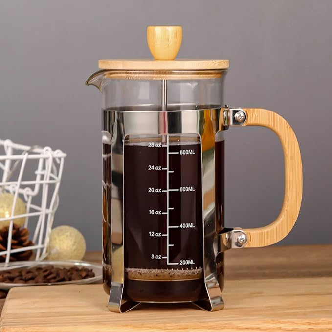 Sivaphe Moka Pot Stainless Steel 6 Cup and French Press Coffee/Tea Maker 34 oz with Bamboo Lid and Hand High Borosilicate Glass 1000ml Coffee Brewer Set