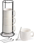 Stackable Coffee Mug Set of 4 with Stand, 10oz Ceramic Cups with Spoons – Ribbed Porcelain Mugs for Tea, Latte, Cappuccino – Microwave & Dishwasher Safe – Gift for Home & Office Use (White)