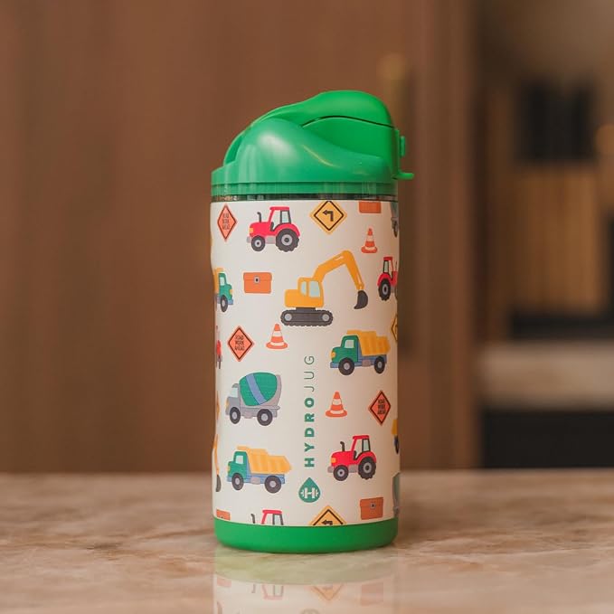 HydroJug Ease2o 14oz Kids Water Bottle, Straw & Chug Lid, Under Construction