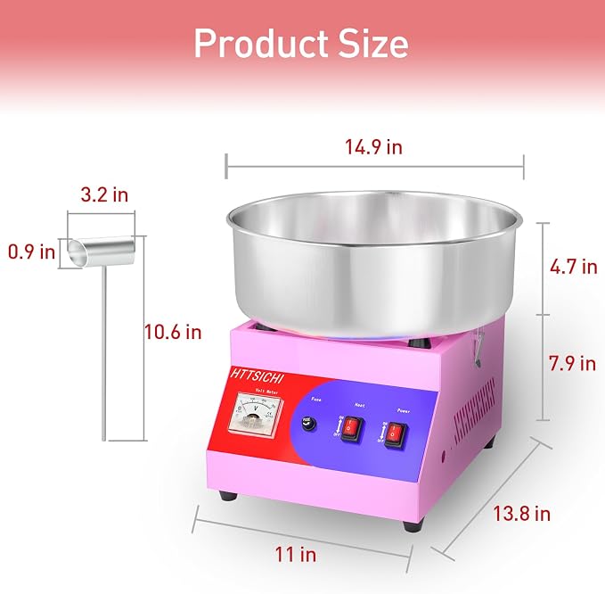 Cotton Candy Machine - Cotton Candy Machine Commercial w/ 15 inch Stainless Steel Bowl, Sugar Scoop, Cotton Candy Maker for Home, Party, 1000W Hard Candy Cotton Candy Maker for Birthday
