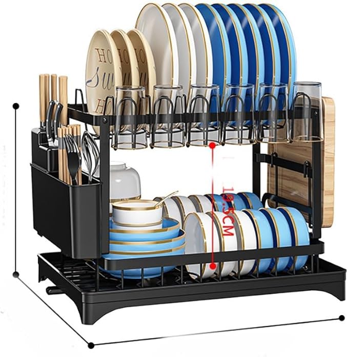 2 Tier Dish Drying Rack Large Extendable Dish Racks for Kitchen Counter or Over Sink Dishrack with Drainboard 2-in-1 Anti-Rust Dish Drainer with Utensil Holder(Black)