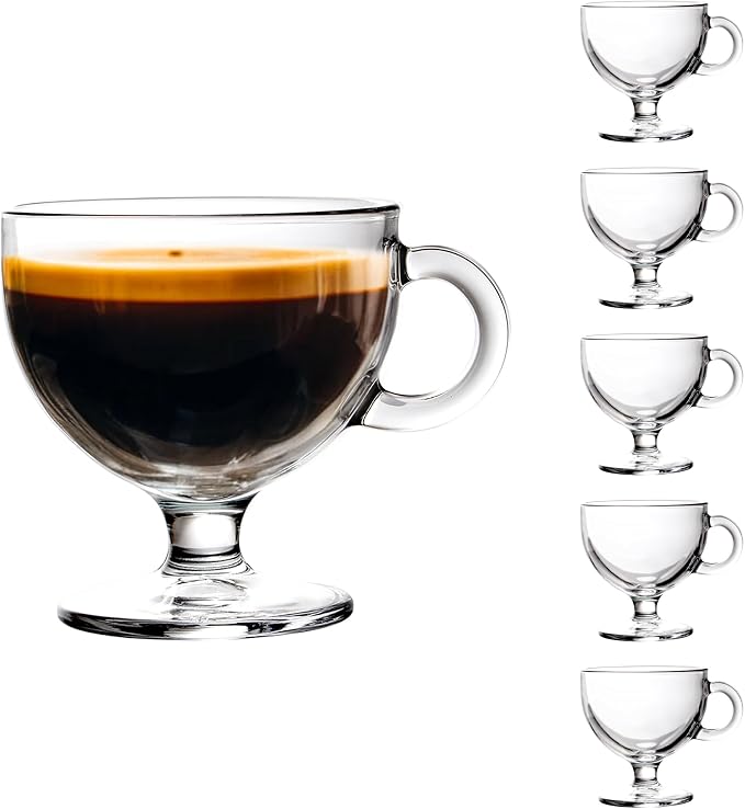Glass Coffee Mugs with Handle - 8 OZ Footed Glass Coffee Cups - Footed Transparent Tea Cup for Latte, Cappuccino, Dessert, Beverages