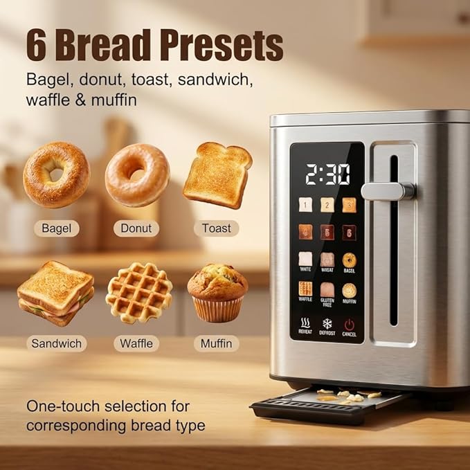 2026 Upgraded TAZTIR Touch Screen Toaster 2 Slice, Premium Stainless Steel Digital Bread Toaster with Timer, 1.5'' Wide Slot, 6 Shade Settings & 6 Bread Types, Bagel Defrost Reheat Cancel Functions