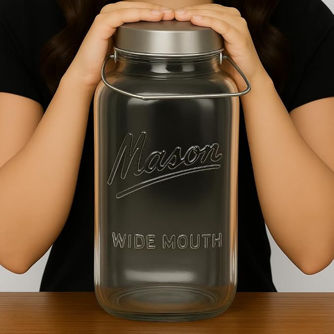 kitchentoolz Large 2 Gallon Glass Mason Jar with Big Airtight Metal Lid and Carry Handle – Wide Mouth Square Container with Measurements for Dry Goods, Bulk Storage, and Food Prep