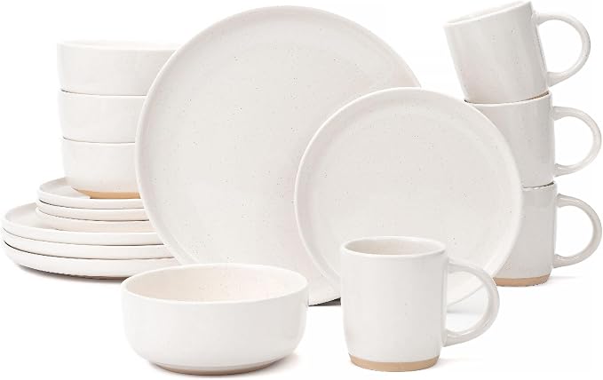 OTAGO 16-Piece Stoneware Dinnerware Set for 4 with Mugs, Plates and Bowls Sets with Partially Unglazed Base, Scratch Resistant Ceramic Dish Set, Microwave & Dishwasher Safe for Kitchen,White
