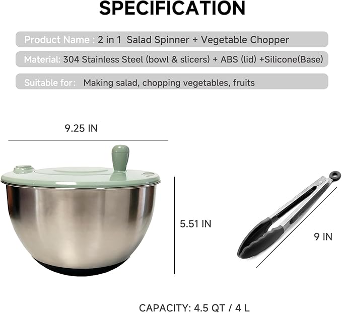 5 IN 1 Salad Spinner + Vegetable Chopper Peeler + Egg Yolk Separator, Large Lettuce Spinner Washer Dyer, with 5 Blades Slicer Cutter Veggie Chopper (304 Stainless Steel Bowl)