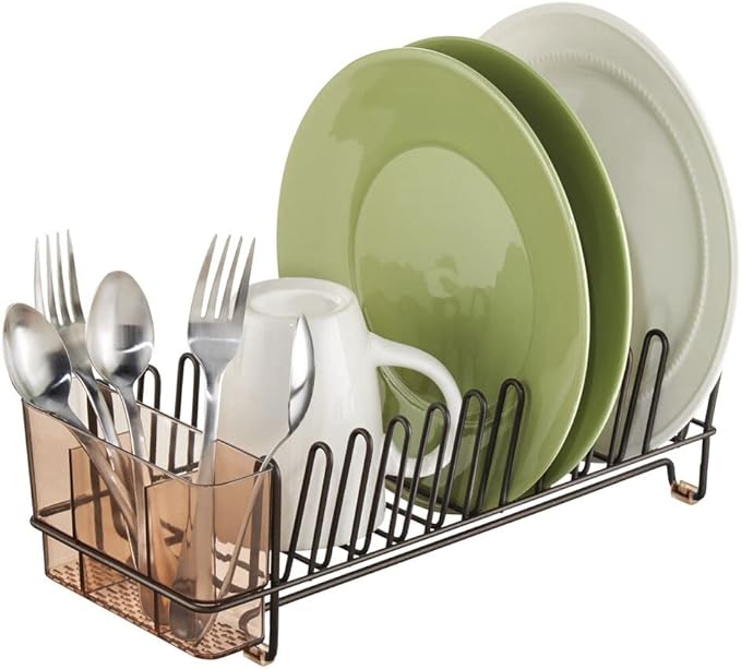 mDesign Dish Tray - Practical Draining Rack for Sink - Great Draining Rack - Up to 12 Plates and Cutlery - Bronze