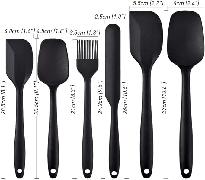 Spatulas Set of 6, Food Grade Silicone Spatulas Rubber Heat Resistant, Stainless Steel Core, Kitchen Utensils Nonstick for for Cooking, Baking and Mixing (Black)