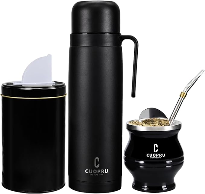 Cuopru Premium Stainless Steel Yerba Mate Kit, Gourd, 33.8oz Insulated Bottle, Container, Bombilla, Cleaning Brush, Tea Filter Set, Matte Black