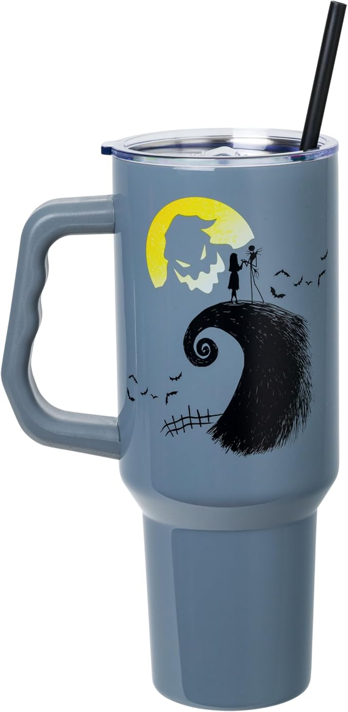 Silver Buffalo Disney Nightmare Before Christmas Featuring Oogie Boogie, Jack Skellington, and Sally Double Walled Stainless Steel Tumbler with Handle and Straw, Fits in Standard Cup Holder, 40 Ounces