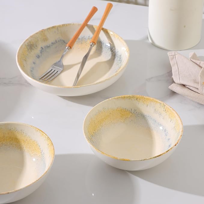 DOMICREVERY Ceramic Dinnerware Sets for 4, 16 pcs Plates and Bowls Sets, Lemon Sea