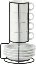 Gibson Home Gracious Dining 3-Ounce Espresso Cups Set of 4, Small Stackable Coffee Cups with 4 Saucers, Metal Stand, Ceramic Demitasse Mugs, Espresso Accessories for Machine