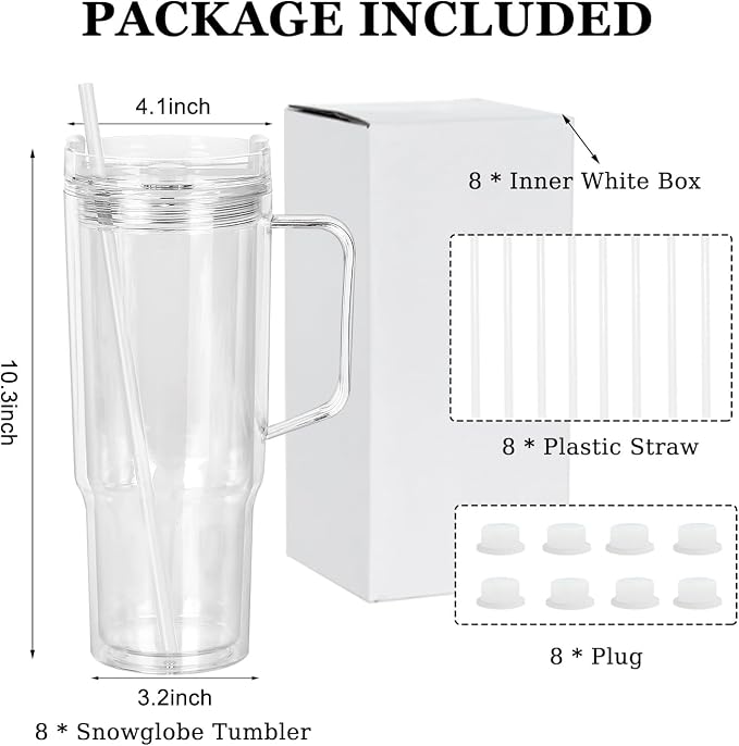 CHLJAR 40 Oz Plastic snow globe tumbler with Handle, 8 Pack Pre-Drilled Double Wall Acrylic Clear For Glitter Snow Globe Diy, Double Wall For Glitter Snow Globe, Snowglobe Tumbler Supplies