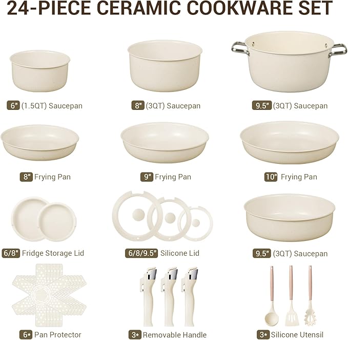 Ammeloo 24-Piece Ceramic Pots and Pans Set Non Stick, Ceramic Cookware Set with Removable Handles, Space Saving, Induction & Oven & Dishwasher Safe, For Small Kitchen, Apartment, RV, Cream White