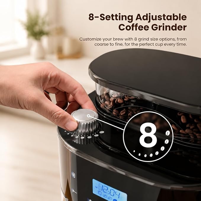 Kismile 10-Cup Digital Drip Coffee Maker with Built-In Grinder, Programmable, 24H Timer, Keep-Warm Function, Customizable Strength & Grind Size, Coffee Machines with Smart LED Touchscreen